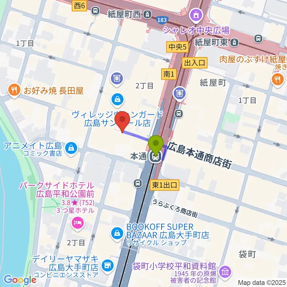 広島Yiseの最寄駅本通駅からの徒歩ルート（約1分）地図
