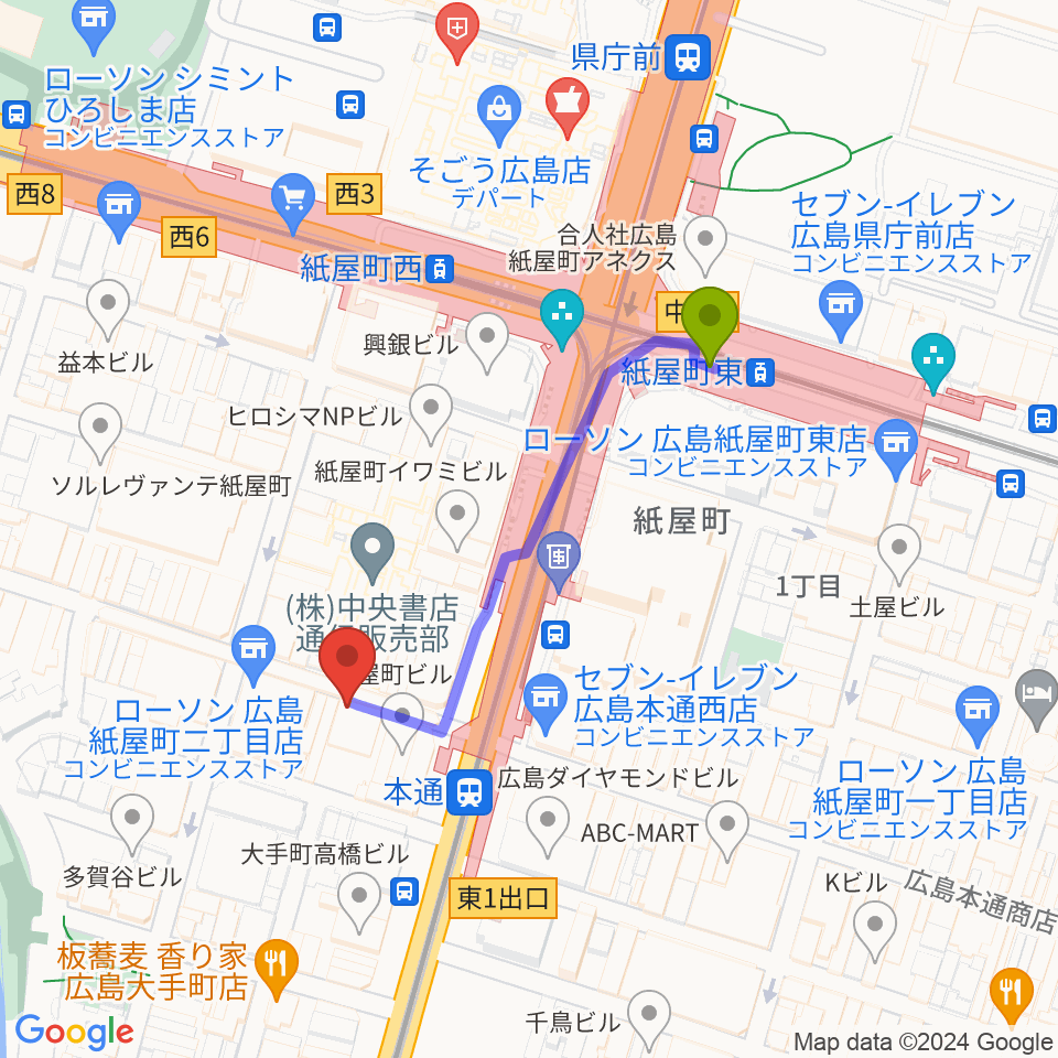 紙屋町東駅から広島Yiseへのルートマップ地図