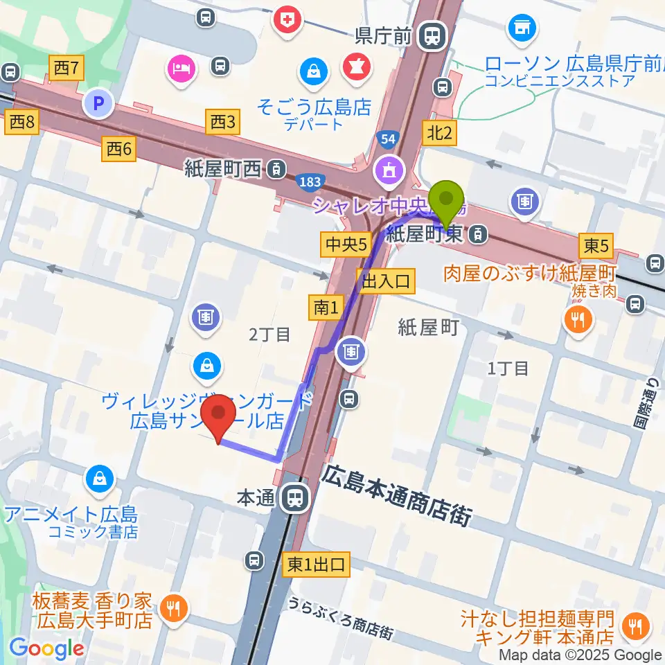 紙屋町東駅から広島Yiseへのルートマップ地図