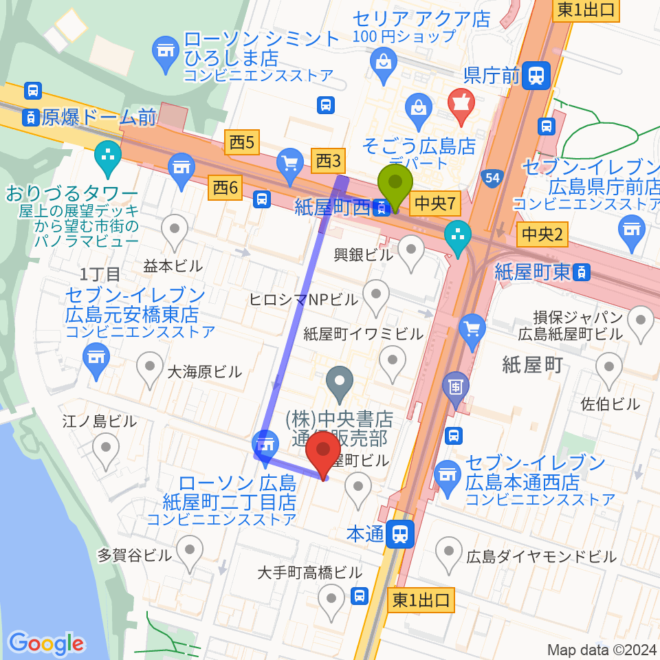 紙屋町西駅から広島Yiseへのルートマップ地図