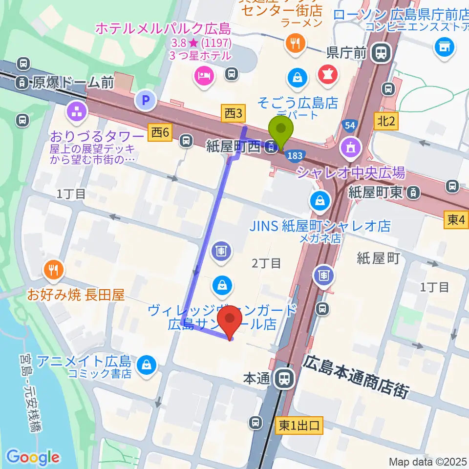 紙屋町西駅から広島Yiseへのルートマップ地図