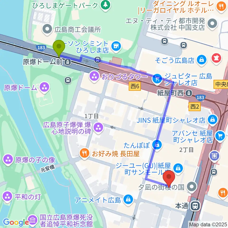 原爆ドーム前駅から広島Yiseへのルートマップ地図