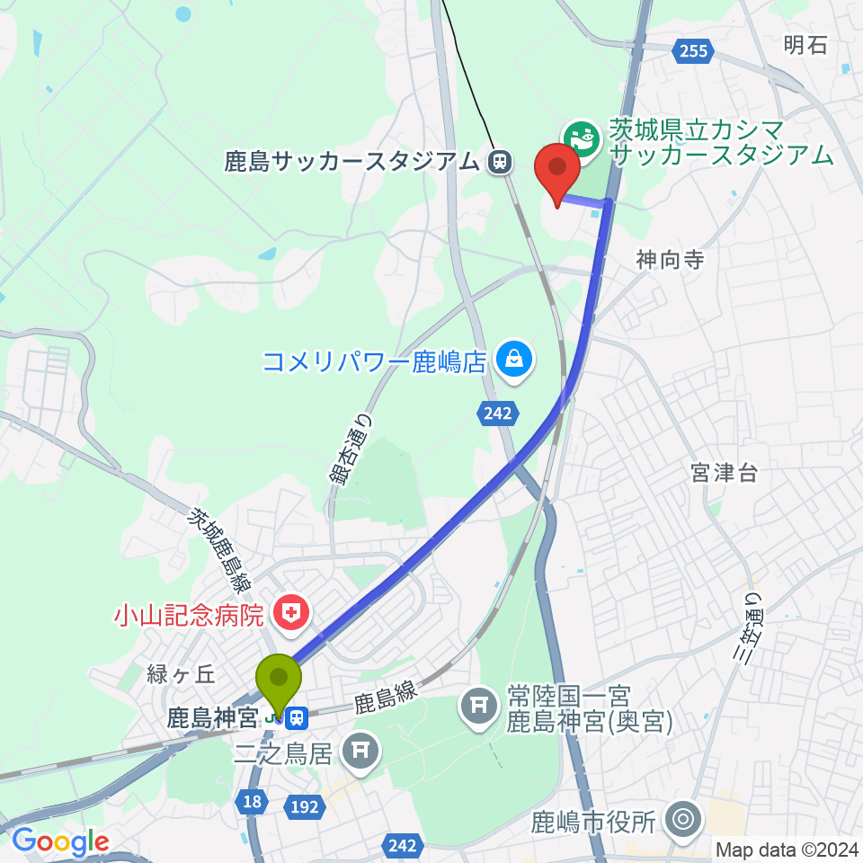 鹿島神宮駅からカシマスポーツセンターへのルートマップ地図