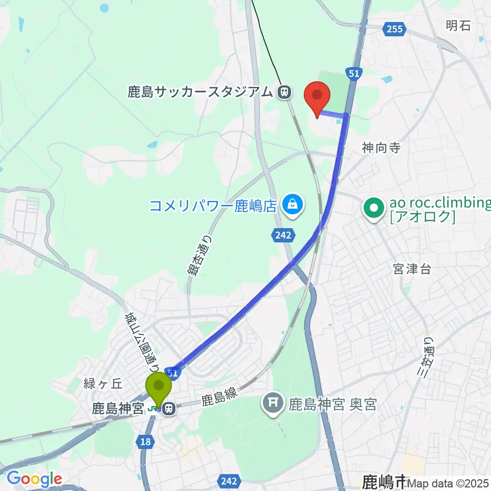 鹿島神宮駅からカシマスポーツセンターへのルートマップ地図