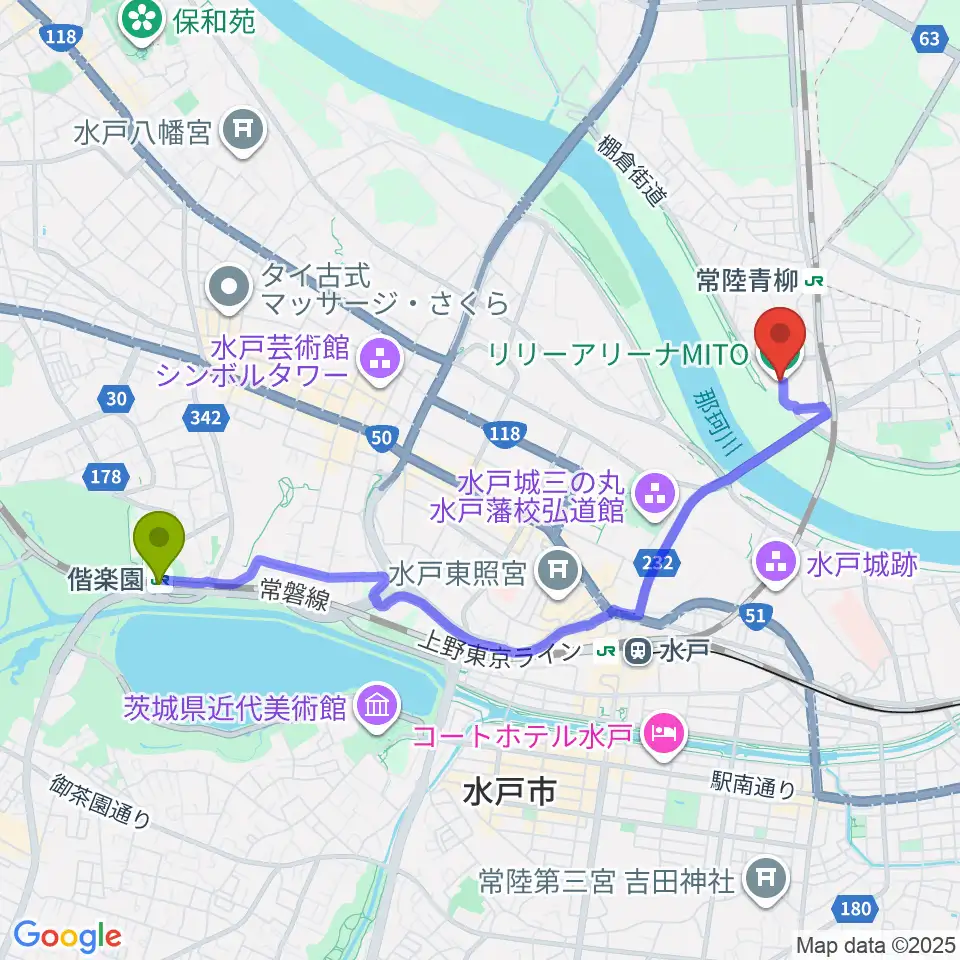 偕楽園駅からリリーアリーナMITOへのルートマップ地図
