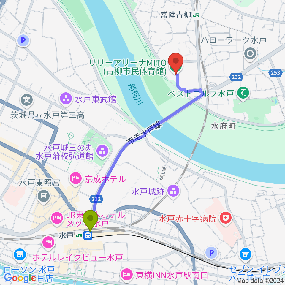 水戸駅からリリーアリーナMITO 青柳公園市民体育館へのルートマップ地図