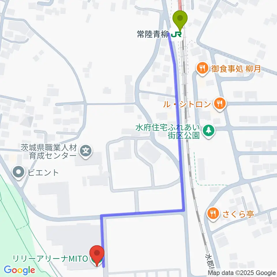 リリーアリーナMITOの最寄駅常陸青柳駅からの徒歩ルート（約7分）地図
