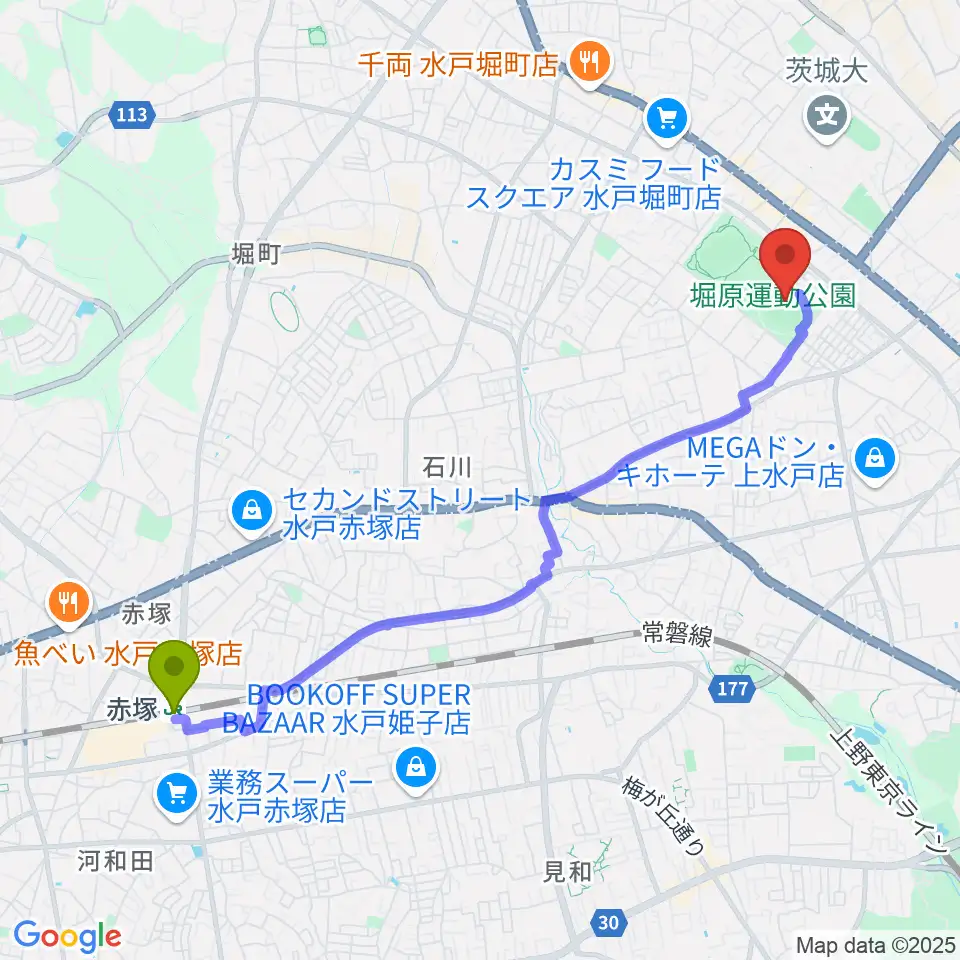 堀原運動公園野球場の最寄駅赤塚駅からの徒歩ルート（約47分）地図