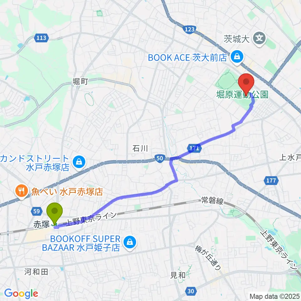 堀原運動公園野球場の最寄駅赤塚駅からの徒歩ルート（約47分）地図
