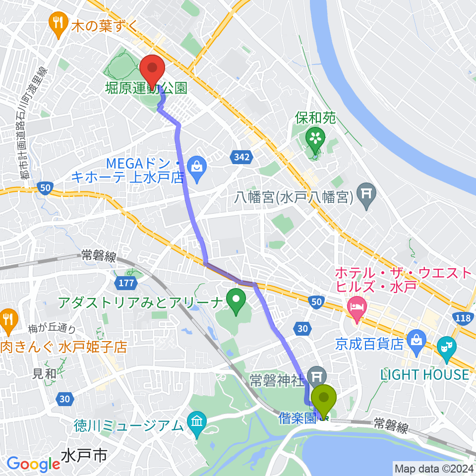 偕楽園駅から堀原運動公園野球場へのルートマップ地図