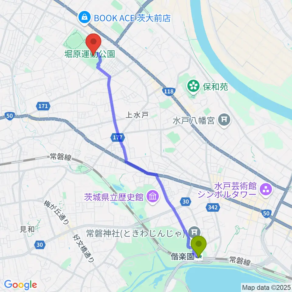 偕楽園駅から堀原運動公園野球場へのルートマップ地図