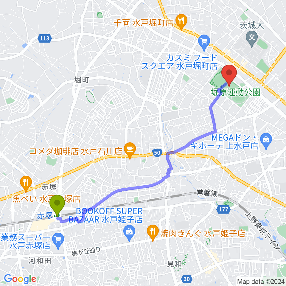 東日本技術研究所武道館の最寄駅赤塚駅からの徒歩ルート（約46分）地図