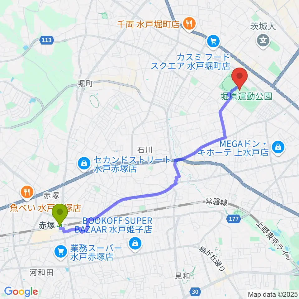 東日本技術研究所武道館の最寄駅赤塚駅からの徒歩ルート（約46分）地図