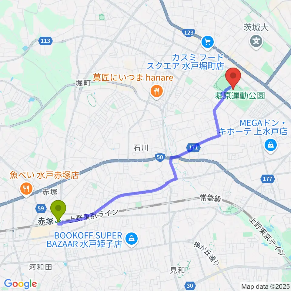 アルテンジャパン武道館の最寄駅赤塚駅からの徒歩ルート（約46分）地図