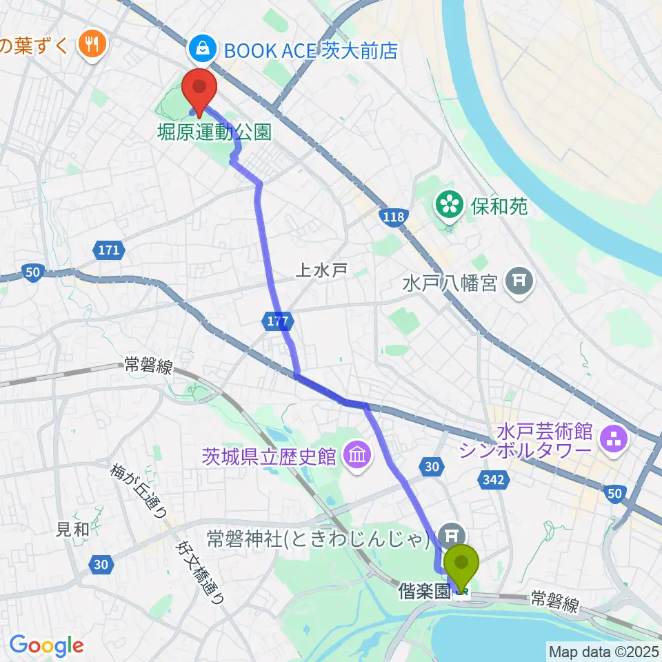 偕楽園駅からアルテンジャパン武道館へのルートマップ地図