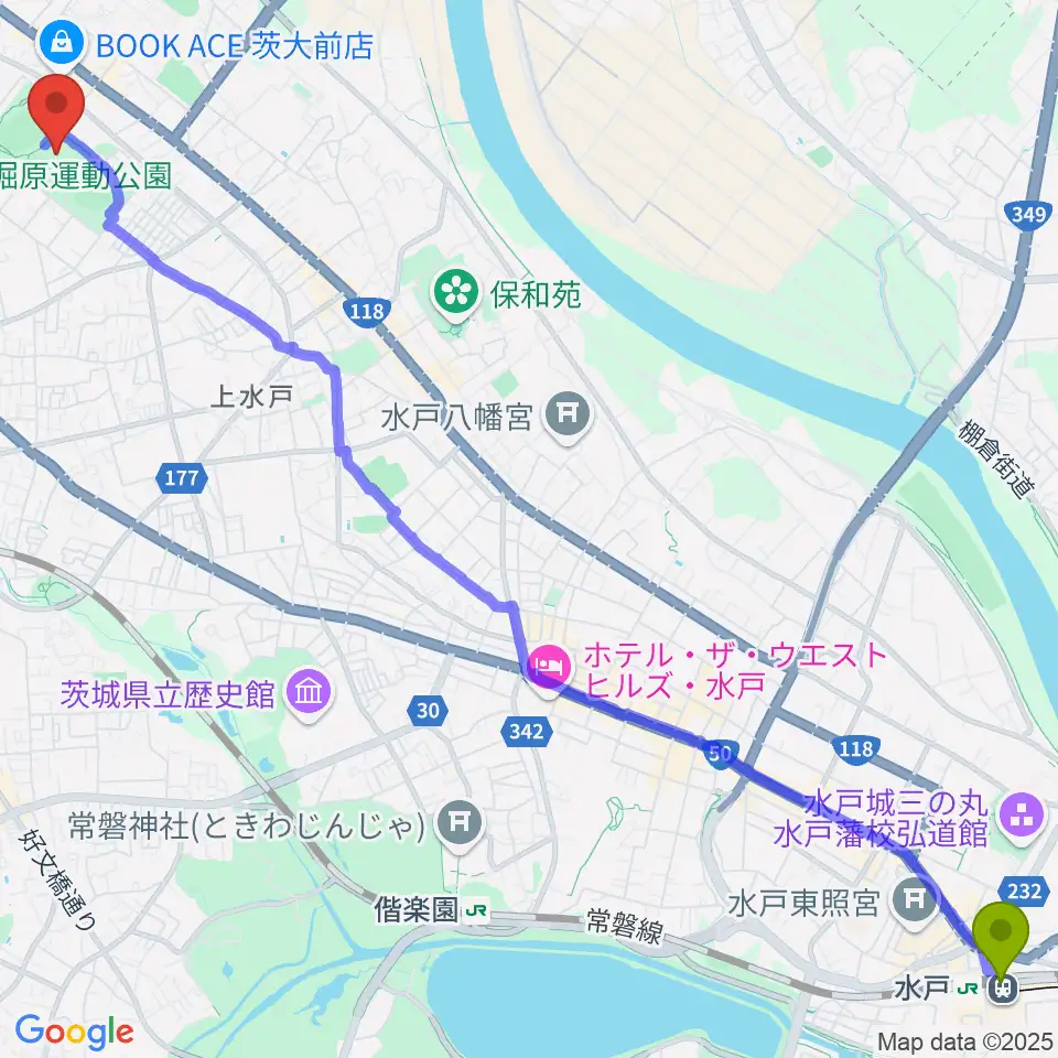 水戸駅からアルテンジャパン武道館へのルートマップ地図