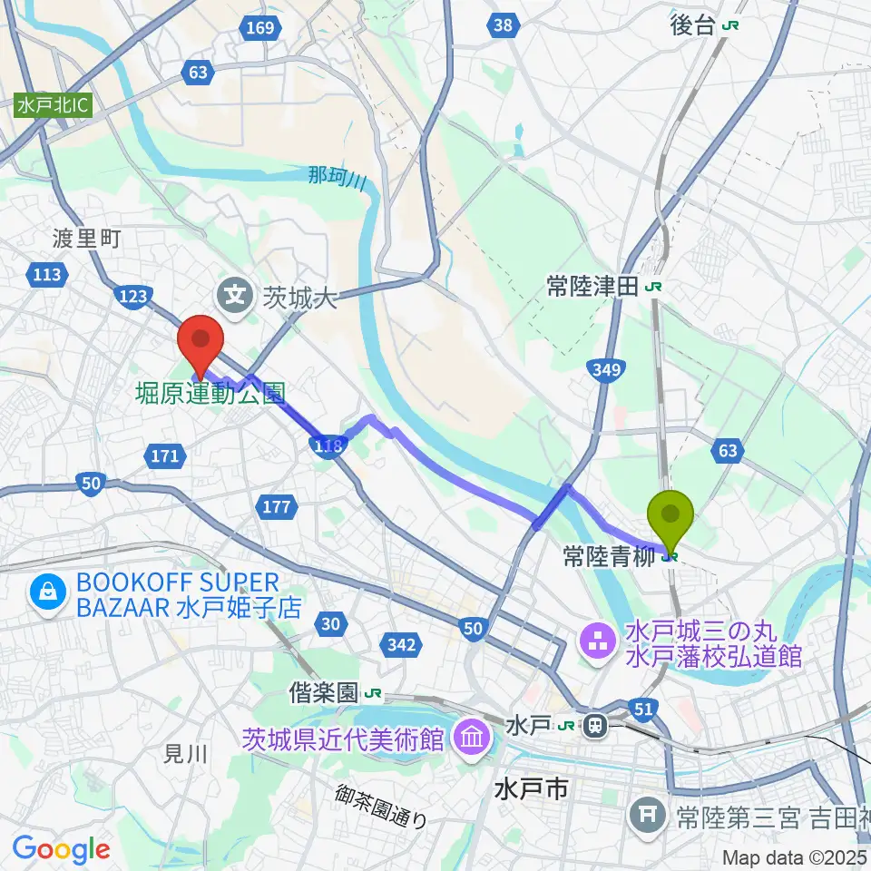 常陸青柳駅からアルテンジャパン武道館へのルートマップ地図