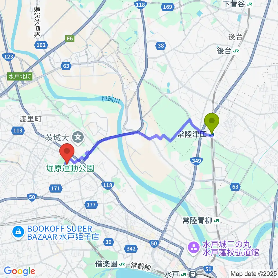 常陸津田駅からアルテンジャパン武道館へのルートマップ地図