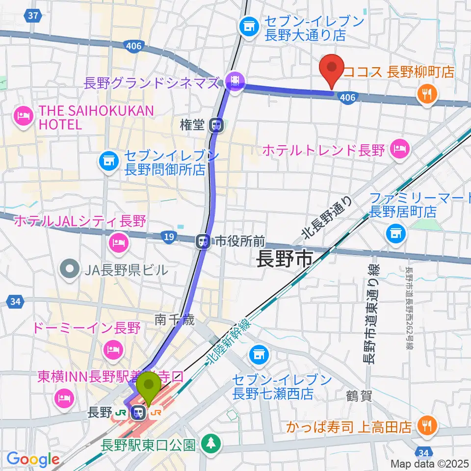 長野駅からウインナー楽器へのルートマップ地図