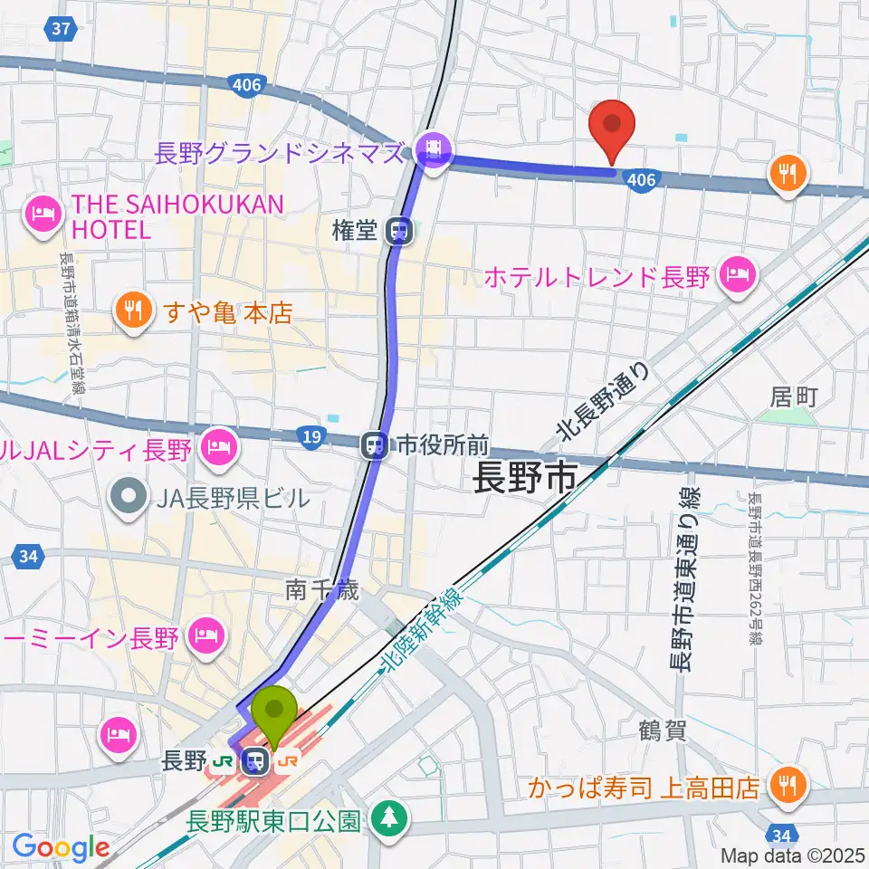 長野駅からウインナー楽器へのルートマップ地図