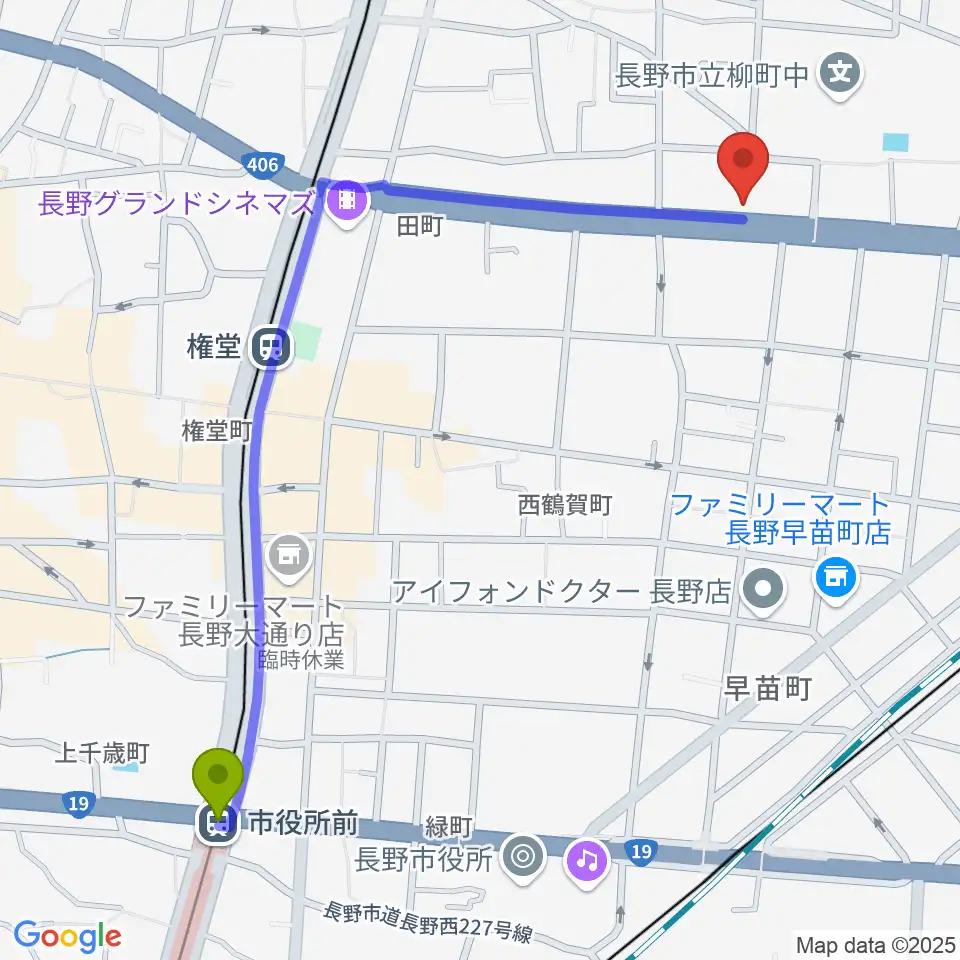 市役所前駅からウインナー楽器へのルートマップ地図