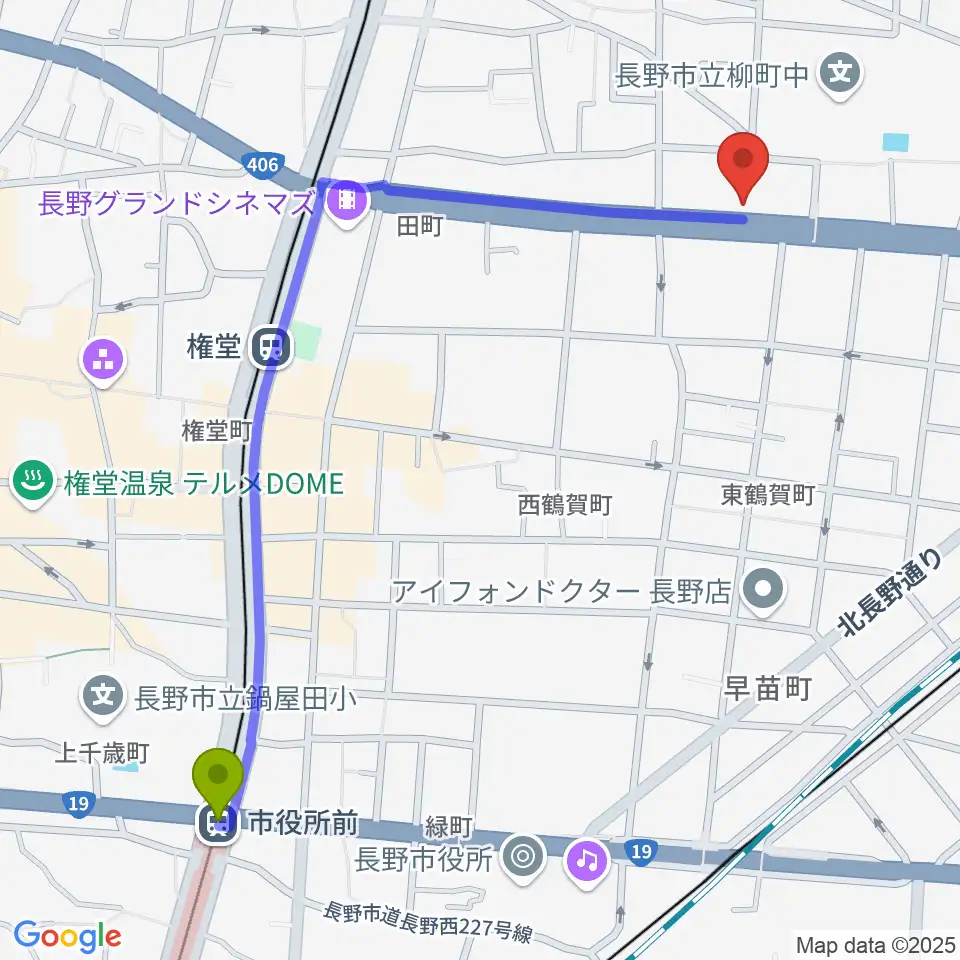 市役所前駅からウインナー楽器へのルートマップ地図