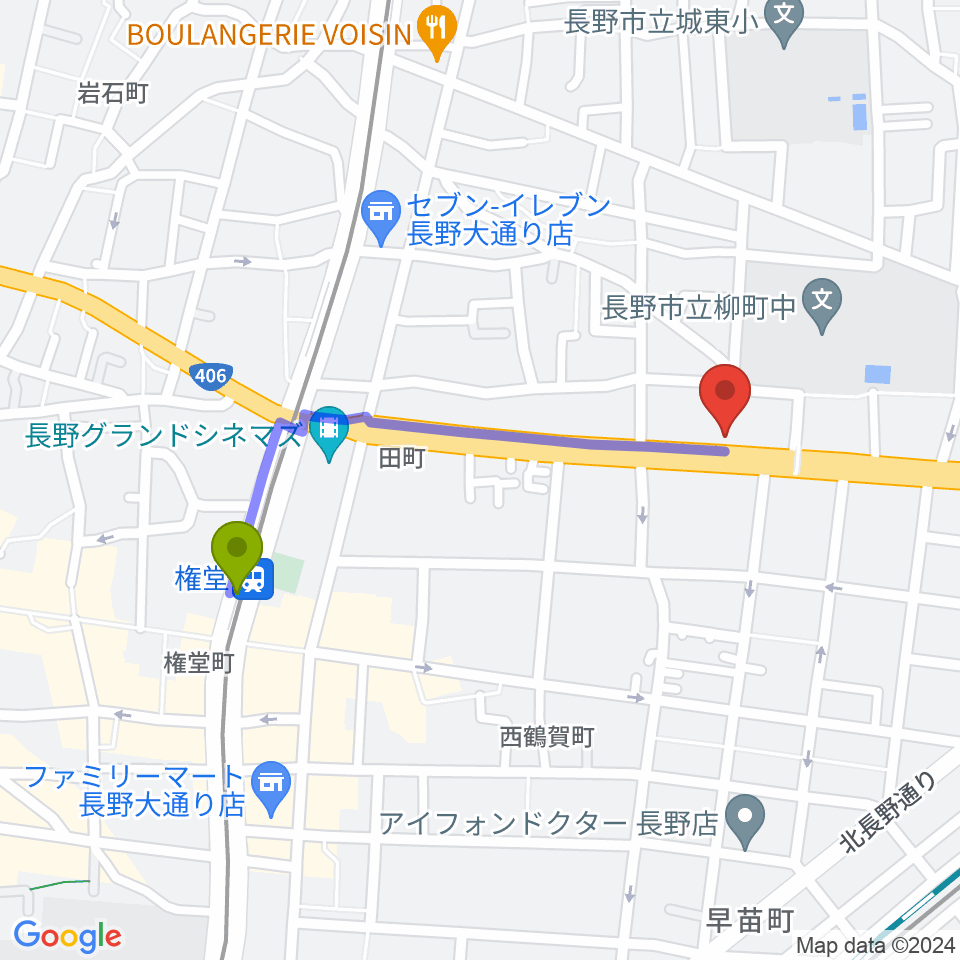 ウインナー楽器の最寄駅権堂駅からの徒歩ルート（約8分）地図