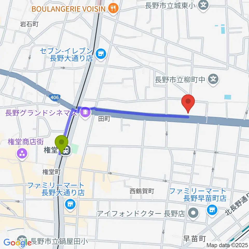 ウインナー楽器の最寄駅権堂駅からの徒歩ルート（約8分）地図