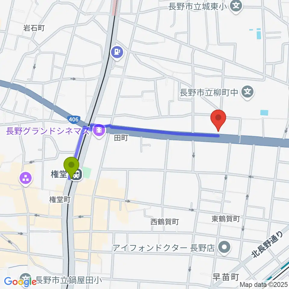 ウインナー楽器の最寄駅権堂駅からの徒歩ルート（約8分）地図