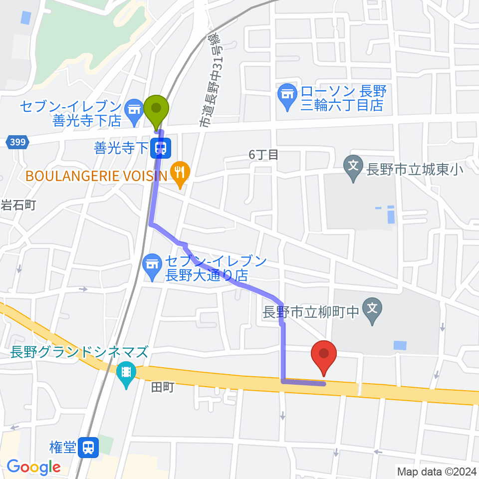 善光寺下駅からウインナー楽器へのルートマップ地図