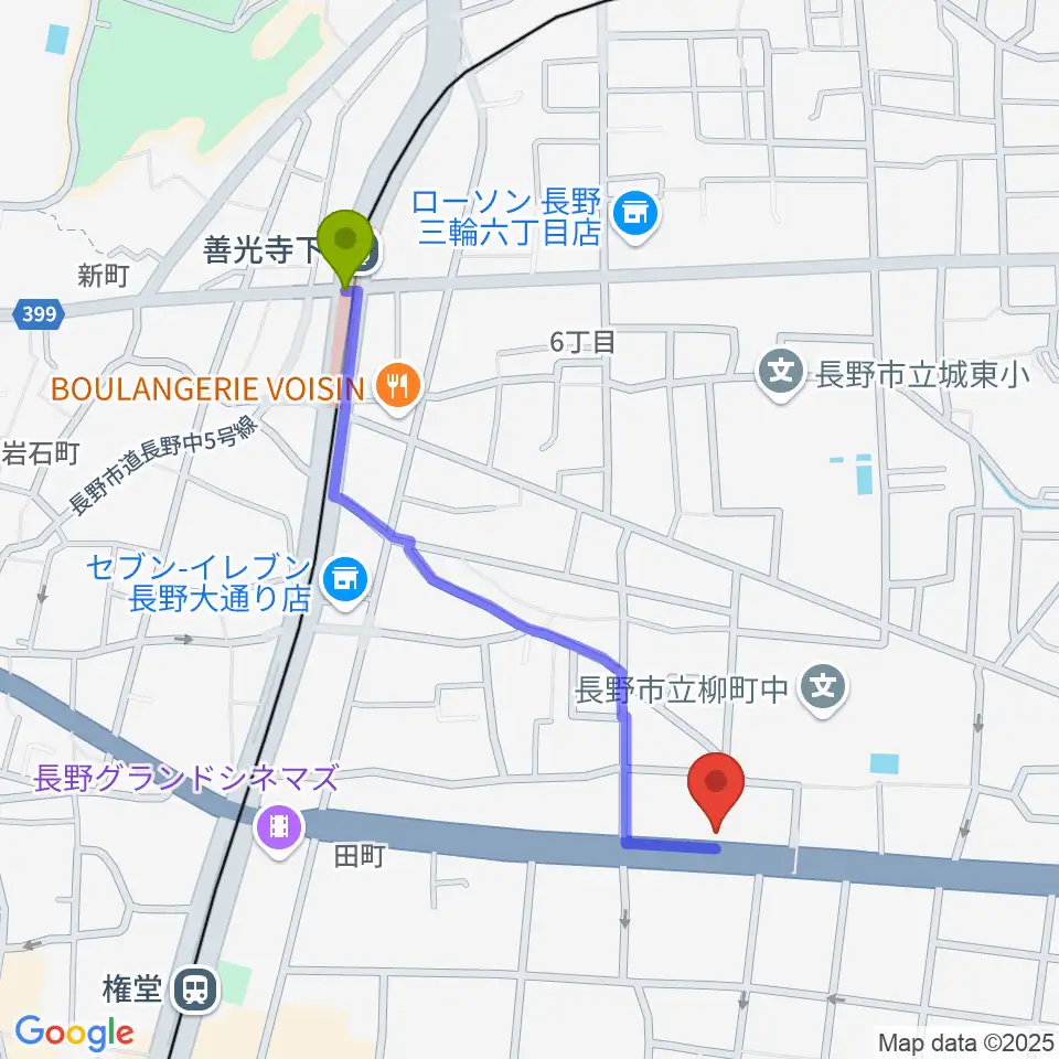 善光寺下駅からウインナー楽器へのルートマップ地図