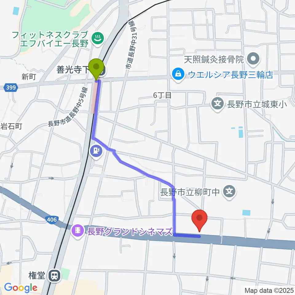 善光寺下駅からウインナー楽器へのルートマップ地図