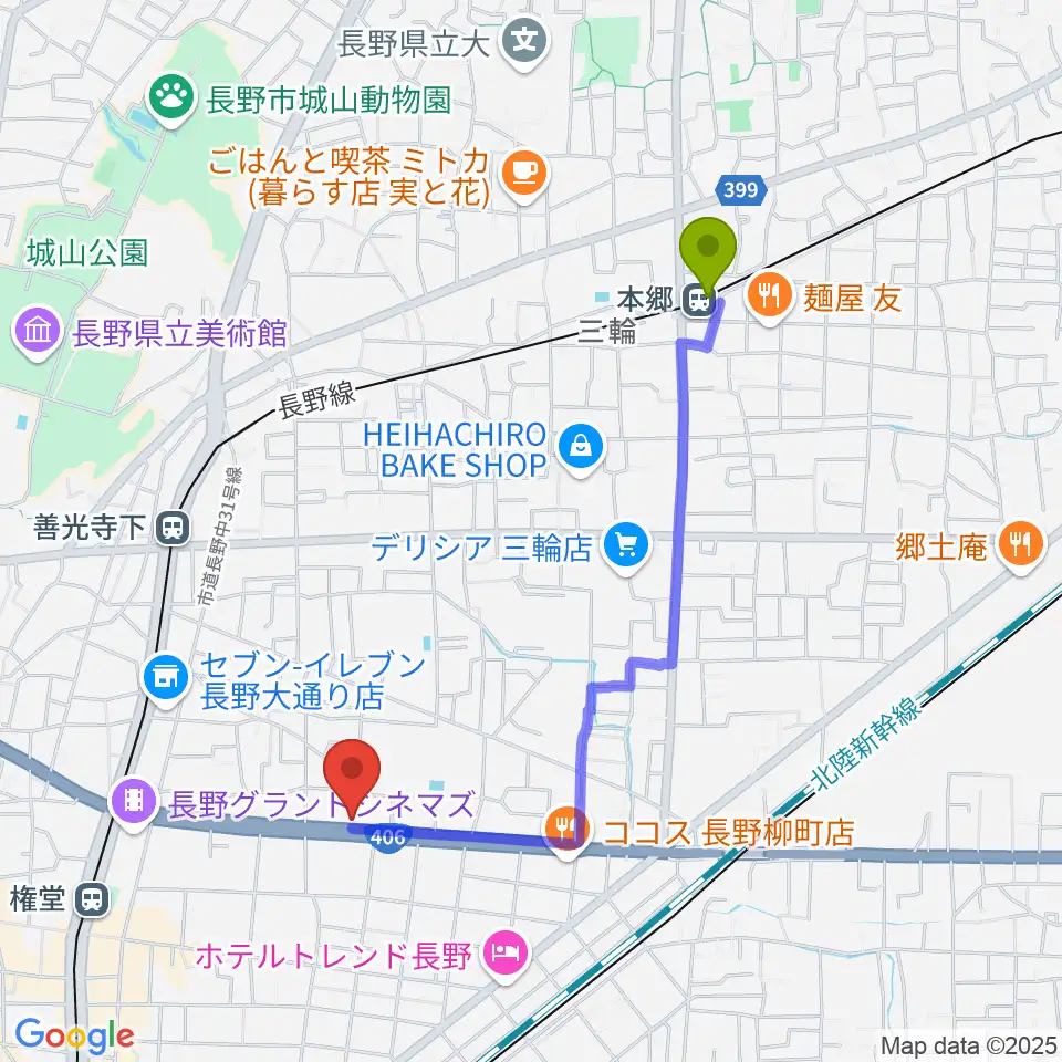 本郷駅からウインナー楽器へのルートマップ地図