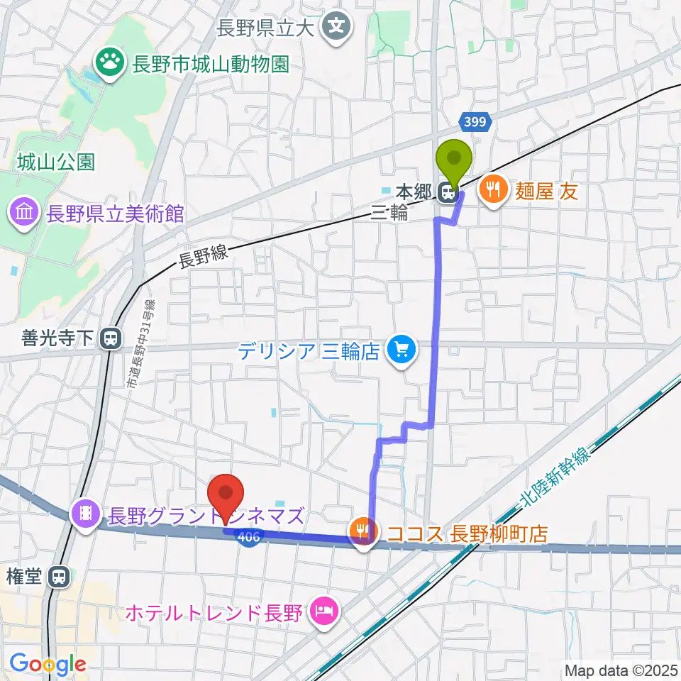 本郷駅からウインナー楽器へのルートマップ地図