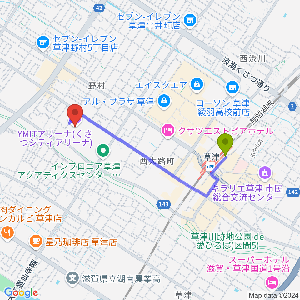 YMITアリーナの最寄駅草津駅からの徒歩ルート（約16分）地図