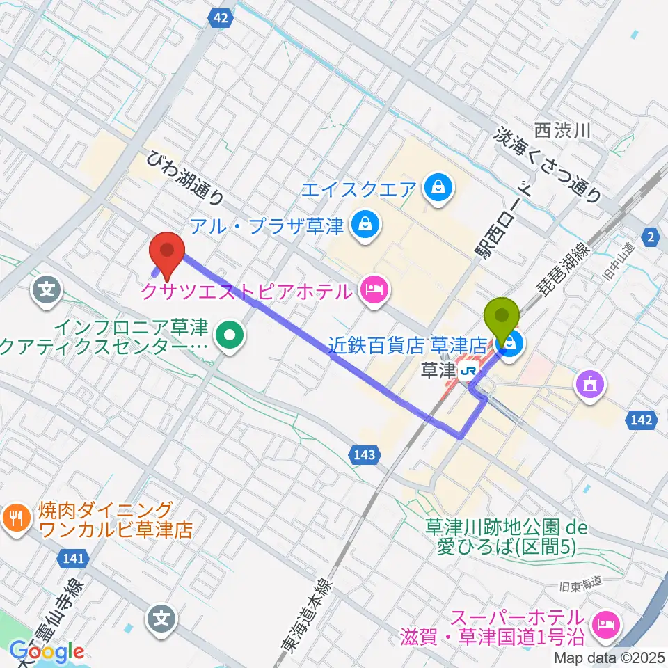 YMITアリーナの最寄駅草津駅からの徒歩ルート（約16分）地図