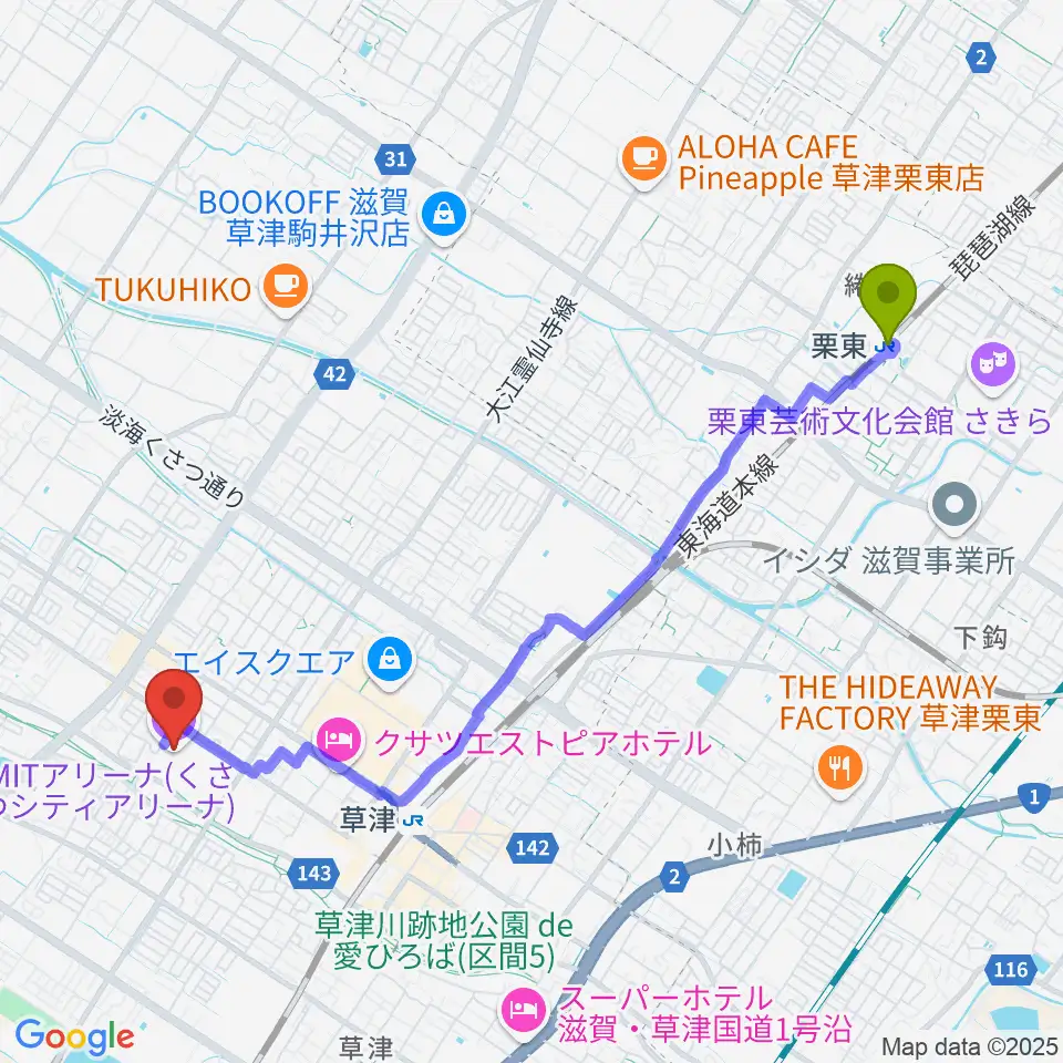 栗東駅からYMITアリーナへのルートマップ地図