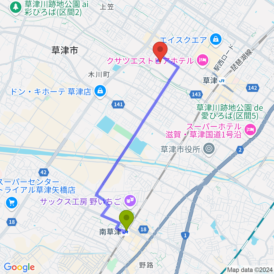 南草津駅からYMITアリーナへのルートマップ地図