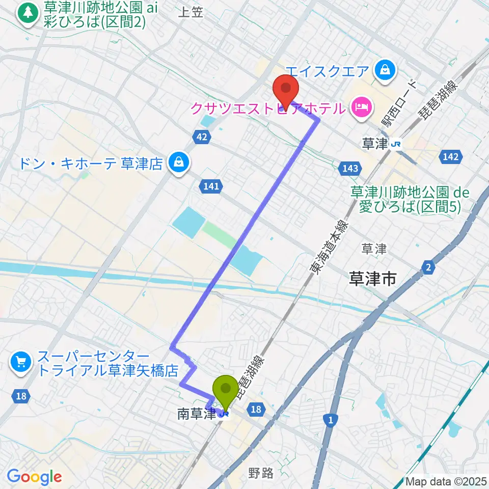 南草津駅からYMITアリーナへのルートマップ地図