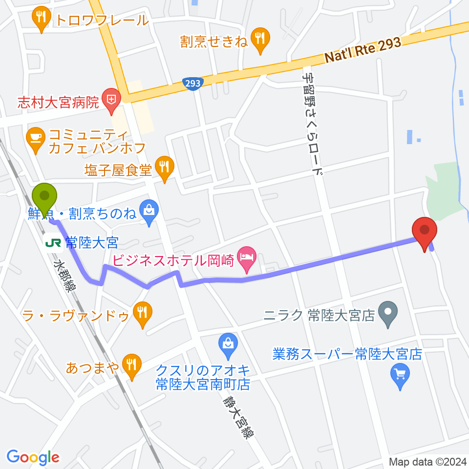 桐原音楽教室の最寄駅常陸大宮駅からの徒歩ルート（約12分）地図