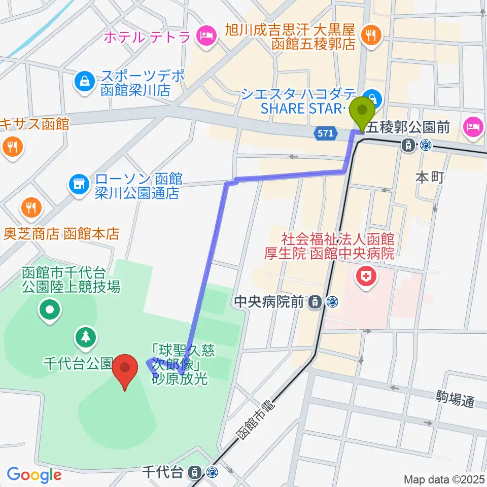 五稜郭公園前駅から千代台公園野球場 オーシャンスタジアムへのルートマップ地図