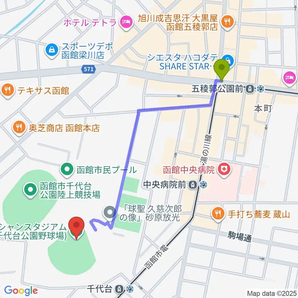 五稜郭公園前駅から千代台公園野球場 オーシャンスタジアムへのルートマップ地図
