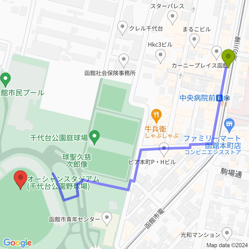 中央病院前駅から千代台公園野球場 オーシャンスタジアムへのルートマップ地図