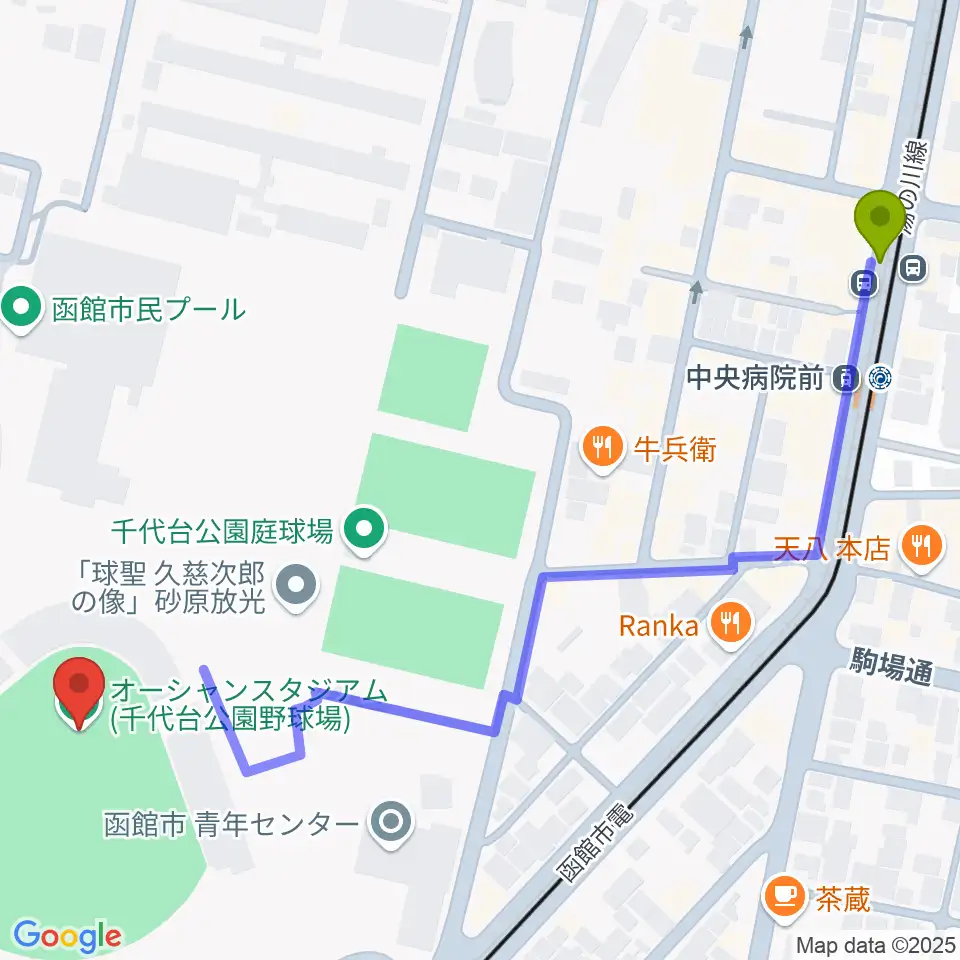 中央病院前駅から千代台公園野球場 オーシャンスタジアムへのルートマップ地図