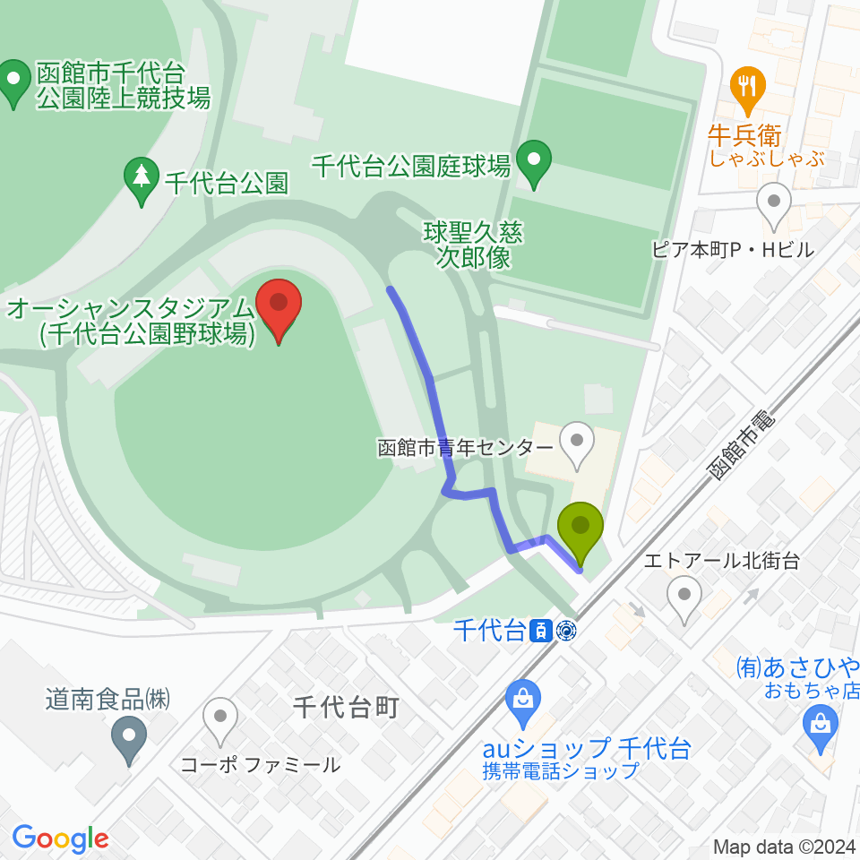 千代台公園野球場 オーシャンスタジアムの最寄駅千代台駅からの徒歩ルート（約3分）地図