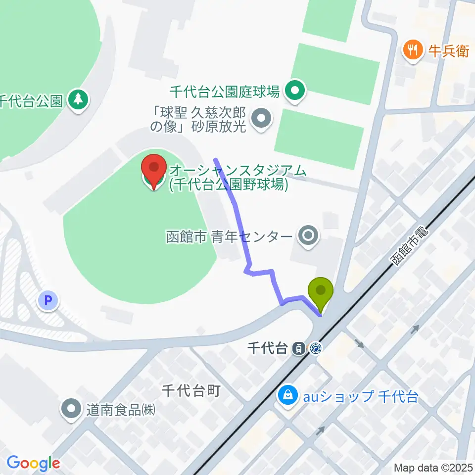 千代台公園野球場 オーシャンスタジアムの最寄駅千代台駅からの徒歩ルート（約3分）地図