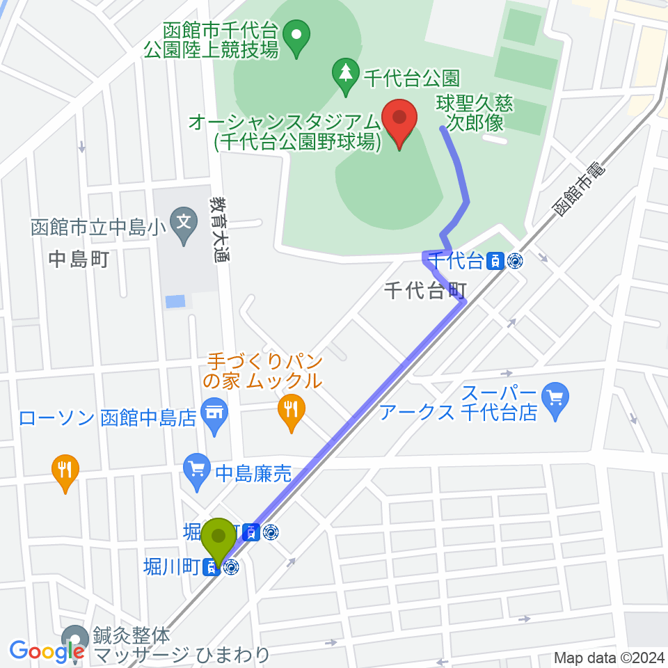 堀川町駅から千代台公園野球場 オーシャンスタジアムへのルートマップ地図