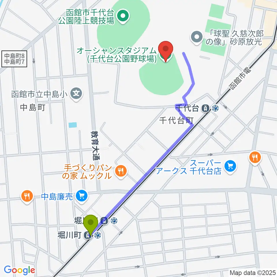 堀川町駅から千代台公園野球場 オーシャンスタジアムへのルートマップ地図