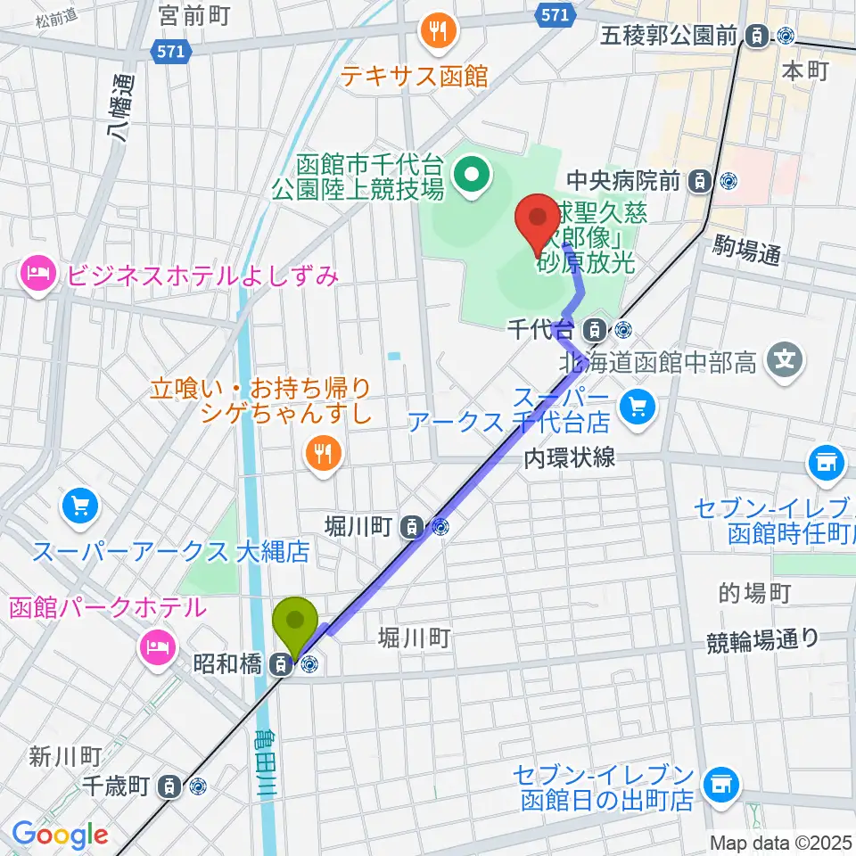 昭和橋駅から千代台公園野球場 オーシャンスタジアムへのルートマップ地図