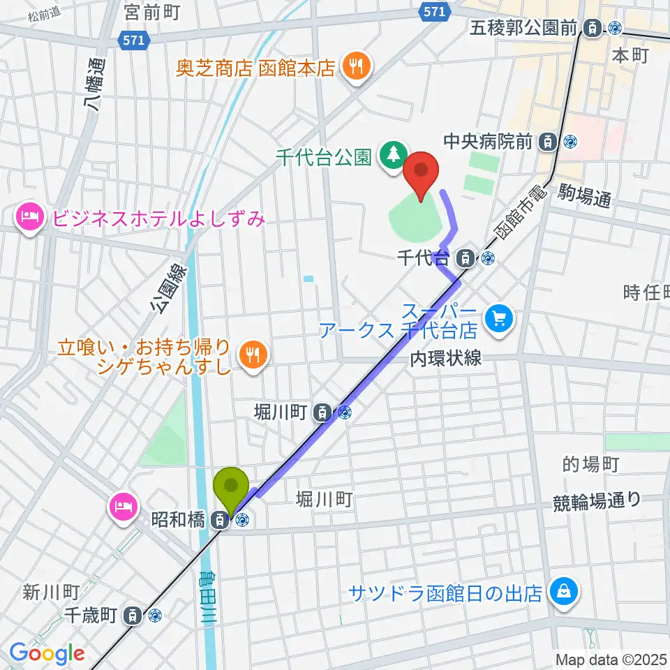 昭和橋駅から千代台公園野球場 オーシャンスタジアムへのルートマップ地図